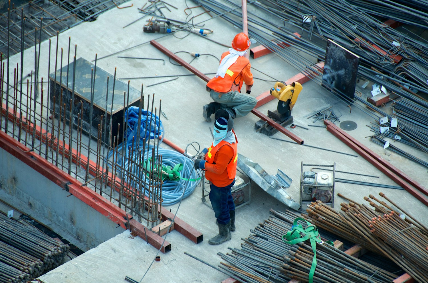 Construction crew working on a reinforced concrete structure